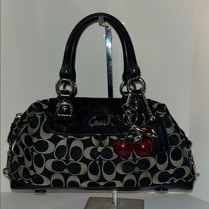 Coach Black and Tan Satchel with Cherry Charm